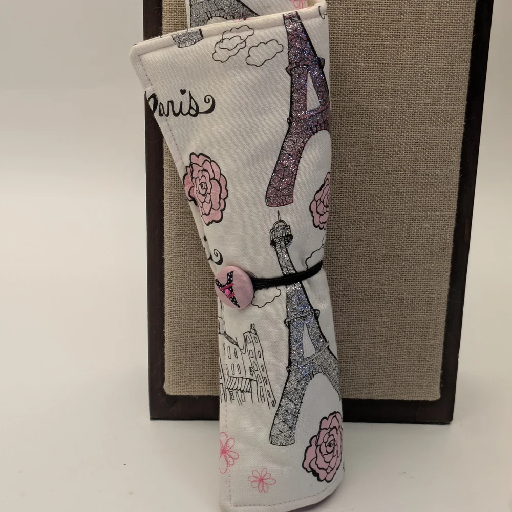 Paris Themed White and Pink Makeup Brush Or Pencil Organizer Cloth Handmade